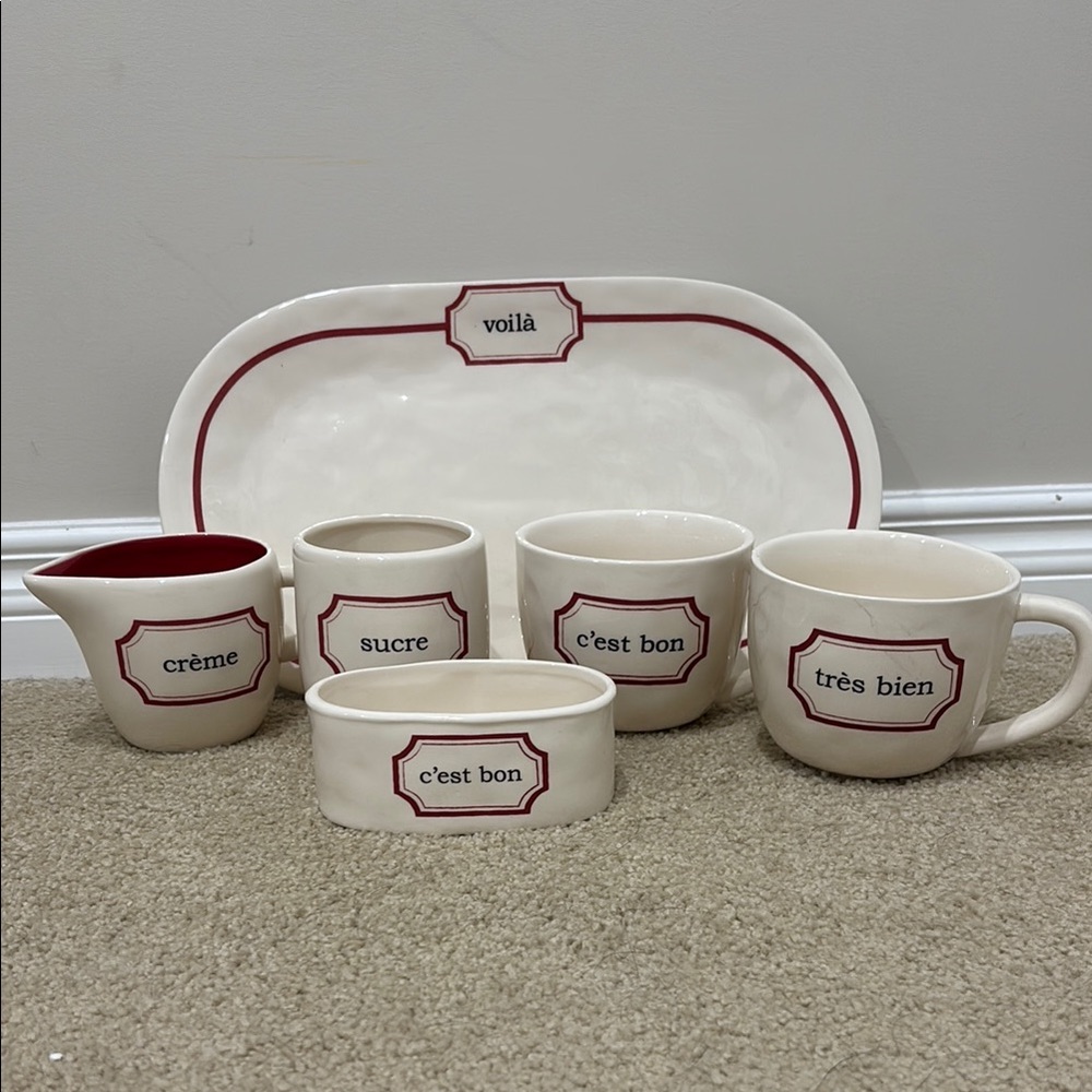 French Label Ceramic Serveware Set in Cream and Burgundy
